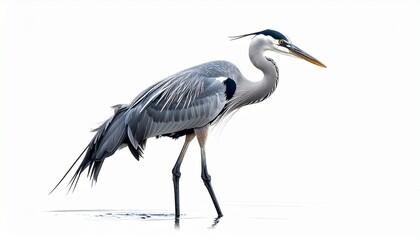 Crane bird with tall slender legs long beak elegant posture gray feathers water bird isolated on white background