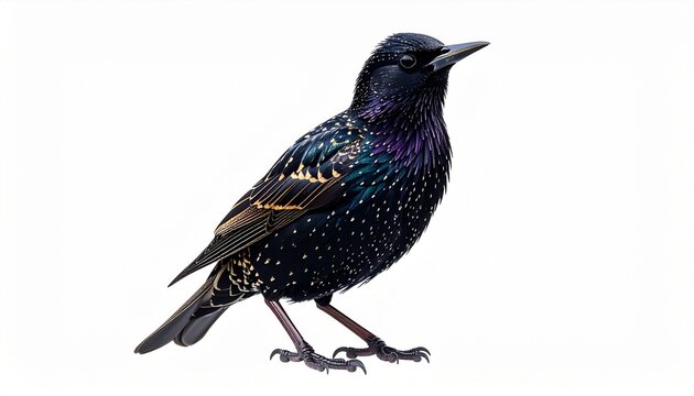 Starling bird with glossy black feathers pointed beak small sleek body perched songbird isolated on white background
