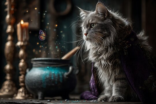 Mystical maine coon cat watches potions brew in a dark enchanted cauldron - Powered by Adobe