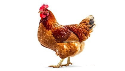 A detailed studio shot of a brown chicken, facing left against a bright white background. Feathers are prominent