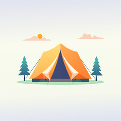 Illustrative camping scene featuring a tent, trees, sun, and clouds set against a gradient backdrop