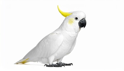 Cockatoo bird with white feathers yellow crest curved beak exotic tropical parrot isolated on white background
