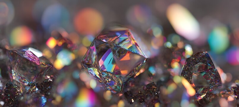 Iridescent crystal gemstone macro photography, mineral stone, gem, jewelry, rainbow light refraction, sparkle