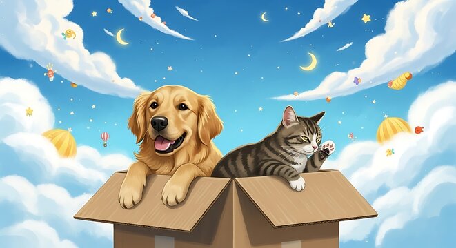 Adorable Golden Retriever Puppy and Tabby Cat in a Box Floating in a Dreamy Sky