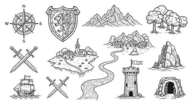 Fantasy Map Elements Illustrations.