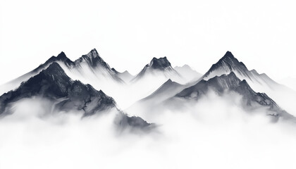 Misty mountains emerge through soft brush strokes in traditional Ink wash Delicate painting style blends into white background, creating ethereal tranquility. Mist layers evoke serenity and vastness