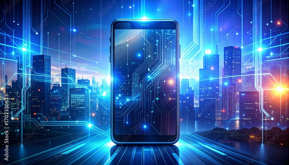 Aufkleber abstract ai mobile communication background — circuit patterns overlaid on phone silhouettes, glowin