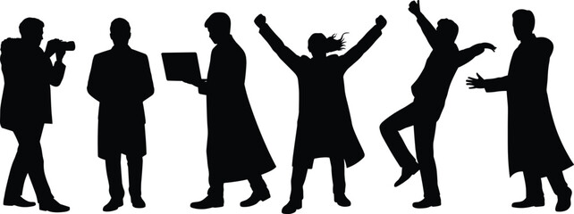 Business people silhouette celebrating success, photographer taking pictures, professional with laptop, excited team, corporate teamwork, creative collaboration, happy business moments