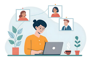 Flat Vector Illustration of Young Professional Working from Home with Virtual Office Connection