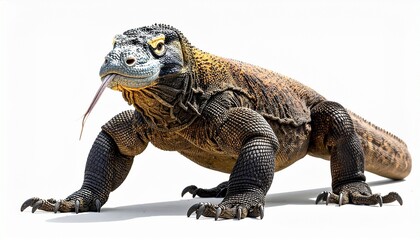 Obraz premium Komodo dragon with scaly rough skin muscular legs long forked tongue giant lizard reptile animal isolated on white background 