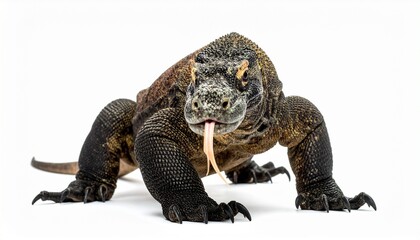 Obraz premium Komodo dragon with scaly rough skin muscular legs long forked tongue giant lizard reptile animal isolated on white background 