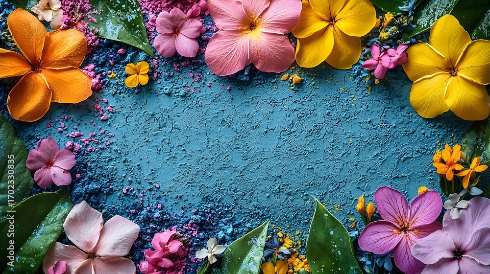 Poster vibrant composition of colorful flowers and pigmented powders scattered on a textured blue backgroun