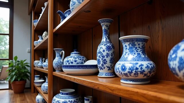 Elegant blue and white ceramic vases and pottery displayed on wooden shelves.