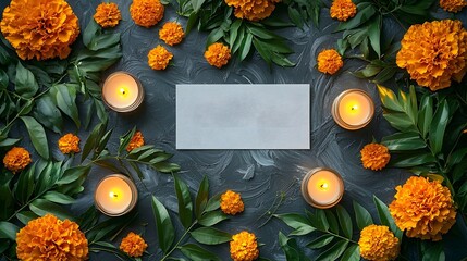 Blank card with vibrant marigolds green foliage and glowing candles on dark textured surface for festive occasions