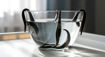 Medical leeches in a glass bowl of water.
