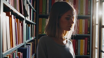 Diligent young woman searching through library bookshelves, soft sunlight illuminating scholarly environment with contemplative focus