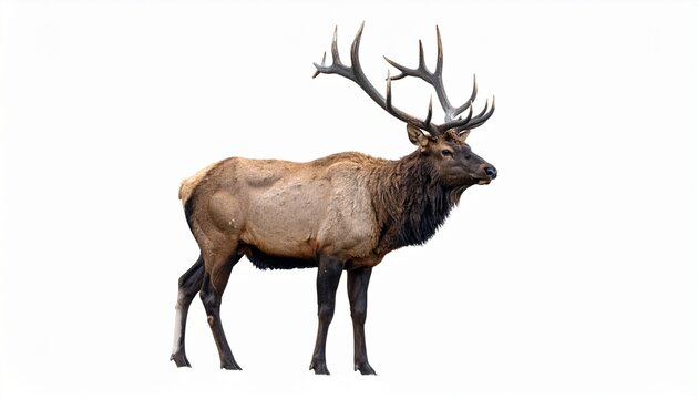 Elk with large branching antlers muscular frame brown fur wild deer animal isolated on white background
 - Powered by Adobe