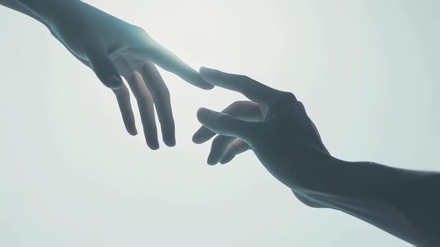 Hands hovering close together, index fingers nearly connecting, symbolizing human connection, support, and emotional bond against pristine white background