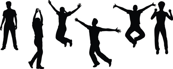 Group of people silhouettes jumping, dancing, celebrating, showing energetic poses, freedom, confidence, happiness, individuality, teamwork, creative expression, movement