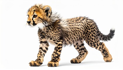 Obraz premium Cheetah cub with spotted golden fur slender body playful young wild predator animal isolated on white background 