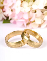 Two gold wedding bands, centered against a soft focus background of pink and white flowers