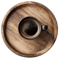 Dark coffee in a mug on a wooden tray