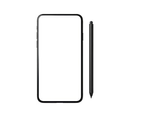 A modern brandless smartphone with a blank white screen, next to a sleek matte black stylus, on a seamless transparent background with high-key light, concept of minimalist technology