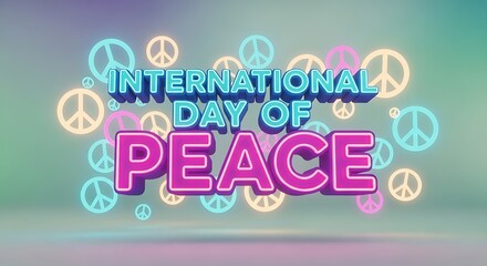 Vibrant 3D text design celebrating International Peace Day with glowing peace symbols on a gradient background