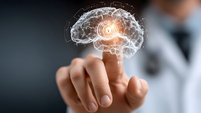 Human Hand Touching Digital Brain Icon with Technology Background