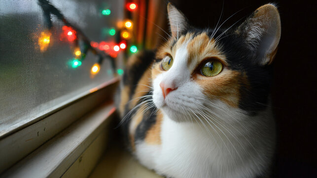 curious cat gazes at twinkling string lights adorning window creating magical atmosphere