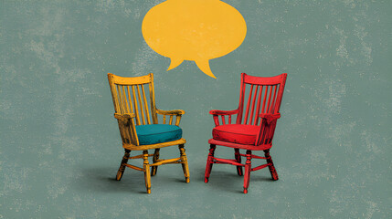 Two empty armchairs facing each other with a speech bubble above for communication or discussion. Non violent communication. Discussion group interaction, dialogue.  persuasive lack of communication 