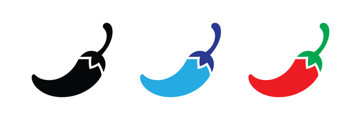 Three chili peppers in black, blue, and red isolated on white background