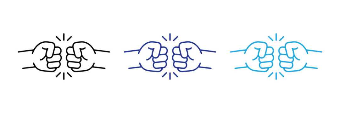 Three stylized line art icons of two fists bumping together, isolated on white background
