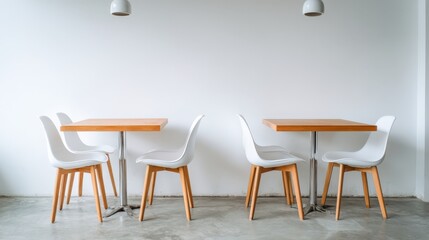 Minimalist Cafe Interior: Two Tables with White Chairs Against a Blank Wall, Ideal for Restaurant Mockups and Design