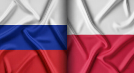 Fototapeta premium Russia And Poland Split Screen Flags Left And Right With High Detail Fabric Folds Covering Canvas Dramatic Lighting Symbolizing Conflict War And Tension