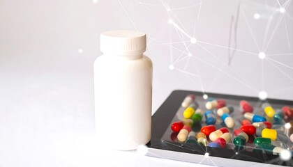 White pill bottle beside a tablet with colorful pills
