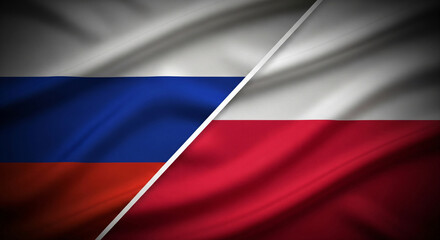 Fototapeta premium Russia And Poland Fabric Flags Split Diagonally Full Canvas High Detail Folds Natural Lighting Symbolizing Conflict War Tension Geopolitical Rivalry