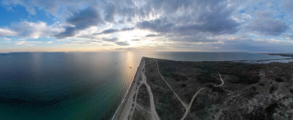 Aerial landscape of wrecked boat Mediterranean Sea view from shipwreck near Thessaloniki