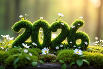 2026 New Year Celebration Concept with Nature and Golden Style – Green Moss Numbers and Festive Background