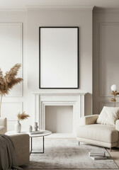 Large Blank Canvas in Black Frame Above Mantelpiece.