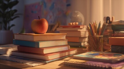 Study Table Setup: Books, Apple, Pencils, Cozy Learning Space