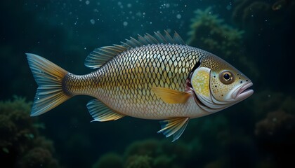 Fototapeta premium Colorful fish swimming underwater in natural habitat, aquatic wildlife photography, marine species, ocean life, freshwater fish, underwater scene, nature exploration, aquatic ecosystem beauty