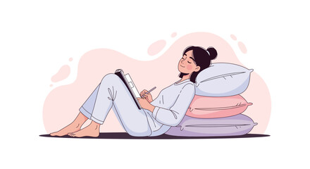 Woman relaxing and writing in a notebook leaning against pillows at home