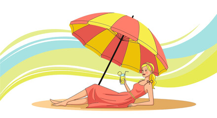 Woman Relaxing on Beach Under Umbrella with a Cocktail in Summer Day