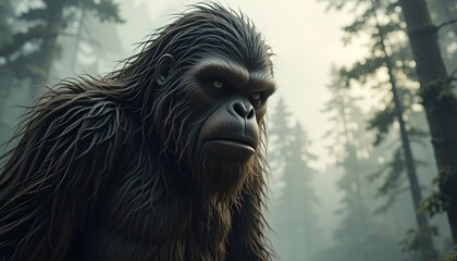 Realistic Bigfoot in Misty Forest – Cryptid Creature in Wilderness Setting, Mythical Sasquatch Sighting Concept, Digital Art of Legendary Forest Dweller