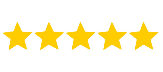 Five yellow stars rating symbol for reviews, feedback, quality rating, and ecommerce graphic design projects