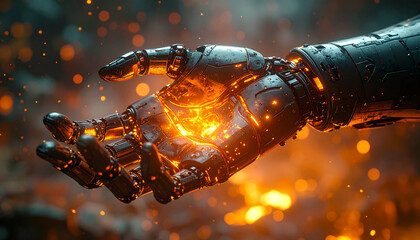 Cybernetic Hand in Fiery Glow: A detailed close-up of a metallic, cybernetic hand cradles a radiant, molten core, against a backdrop of fiery particles. The futuristic.
