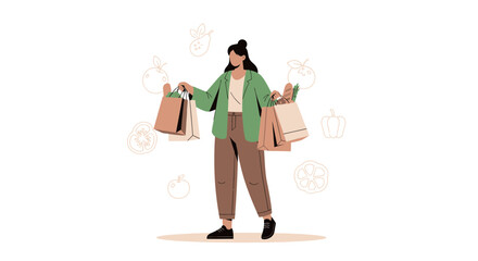 Woman Shopping For Groceries And Holding Multiple Bags With Fresh Produce Elements.