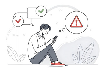 Abstract One Line Drawing of Person Reading Smartphone with Speech Bubbles