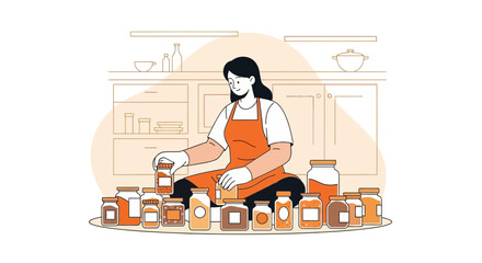 Fototapeta premium Woman arranging jars of food ingredients in the kitchen, vector illustration design